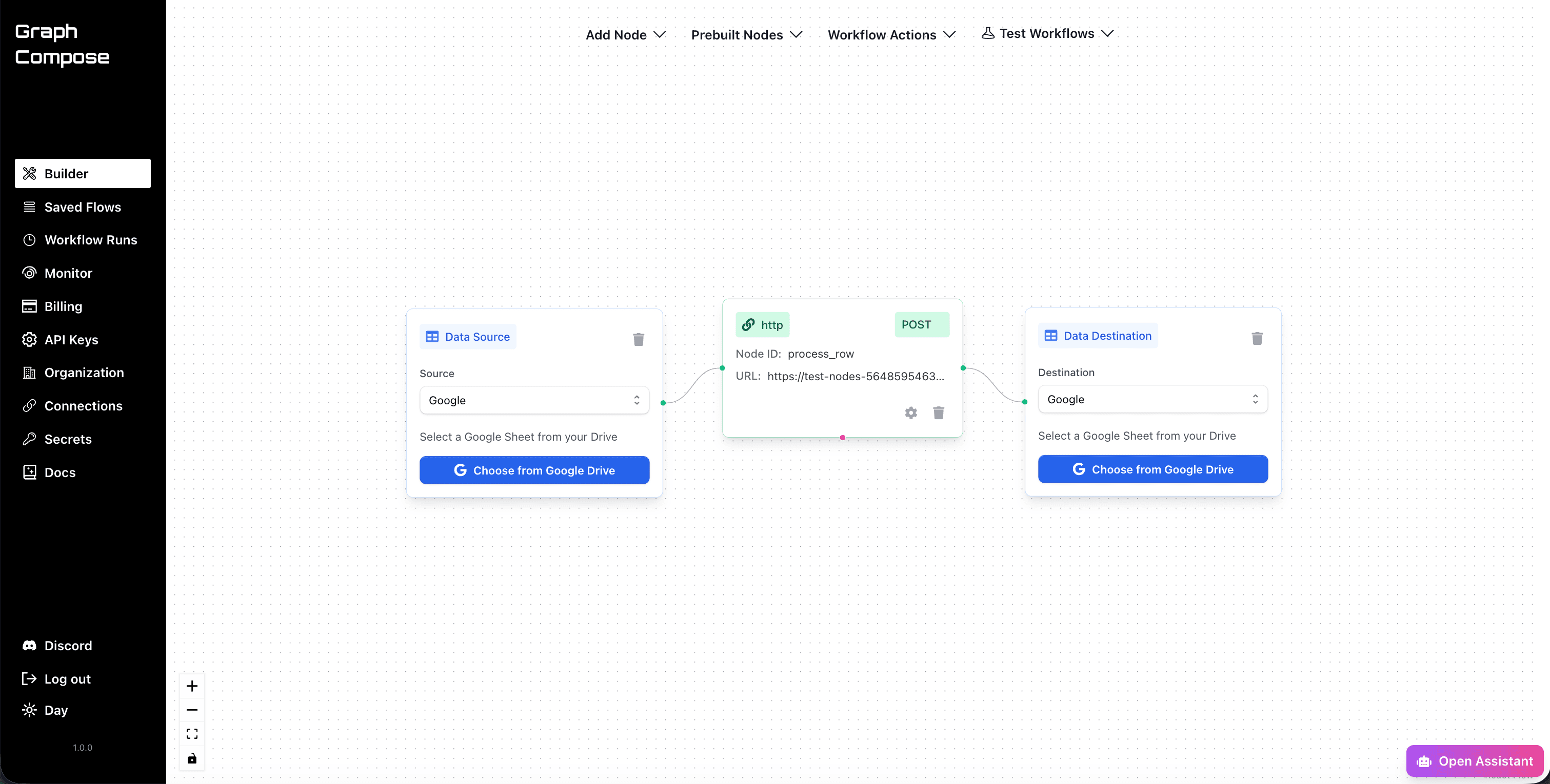 Visual workflow builder showing a source node, HTTP processing node, and destination node connected in sequence.