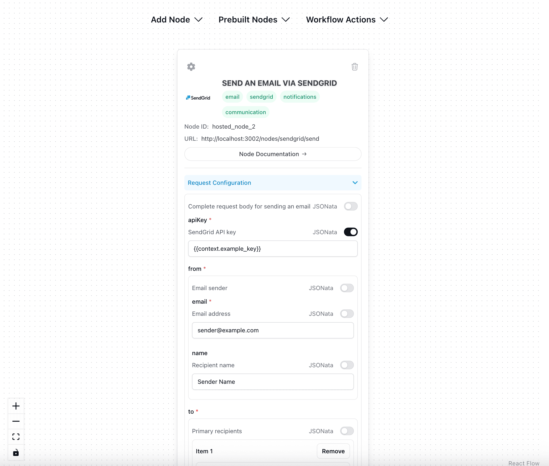 Example configuration form for the SendGrid pre-built integration